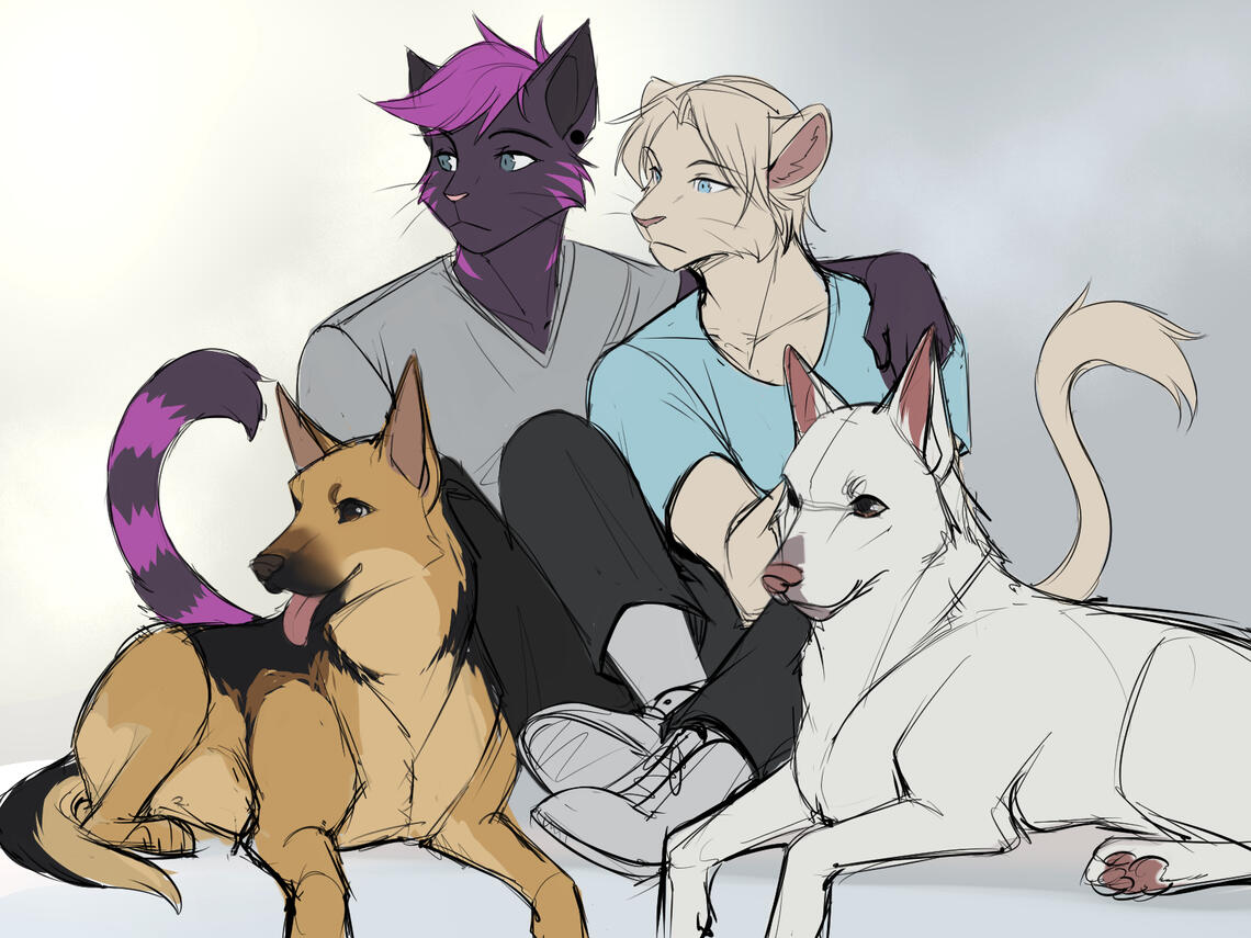 Sketch stage: A quickly drawn rough outline of what the commission might look like at the end. Any changes are allowed at this stage, free of charge! Completely redoing the composition, however, may cost extra.