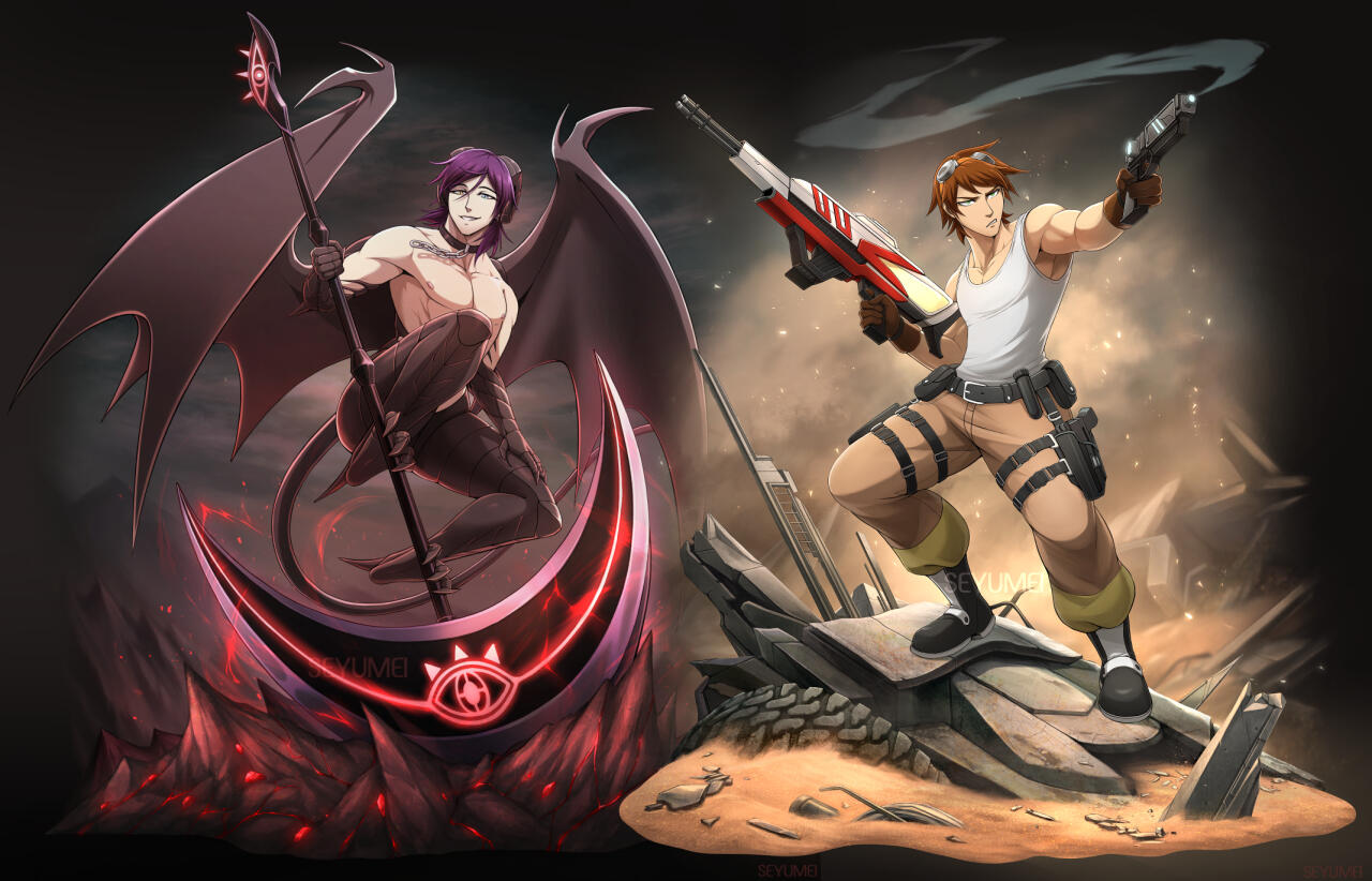 Statue/standee concepts of the main characters from The Incubus Prince/Bromodachis