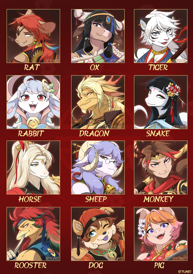 Headshots of anthro mythological animals based on the Chinese Zodiac